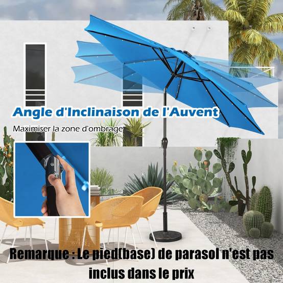 Parasol Inclinable Dia.300cm LED Dolaire en Scier Toile Polyester pour Jardin et Terrasse Bleu - Image 6