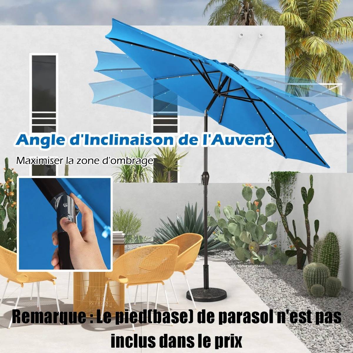Parasol Inclinable Dia.300cm LED Dolaire en Scier Toile Polyester pour Jardin et Terrasse Bleu - Image 6