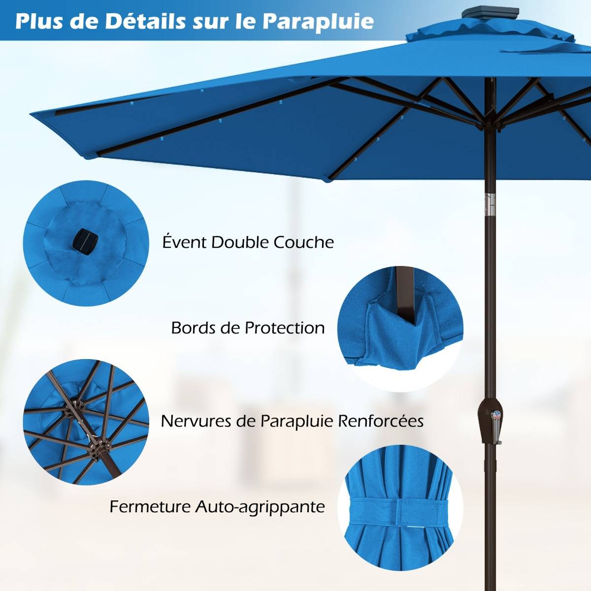 Parasol Inclinable Dia.300cm LED Dolaire en Scier Toile Polyester pour Jardin et Terrasse Bleu - Image 4
