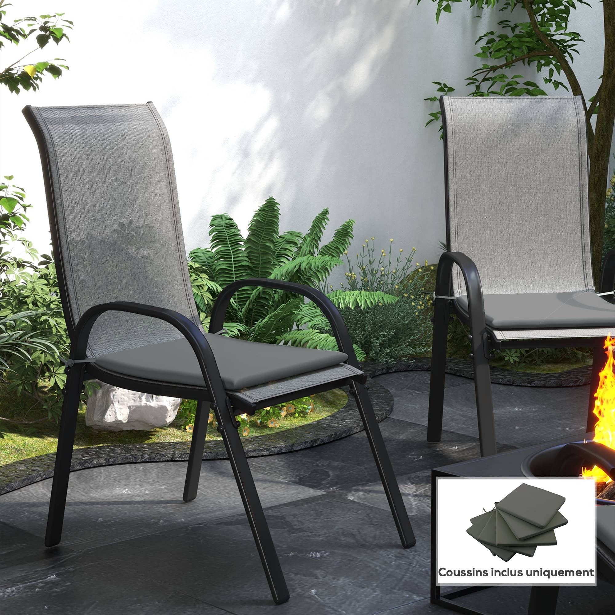 Lot de 6 coussins chaise extérieur tissu polyester forme carrée sangles 42x42cm gris - ComfortXL Outdoor Living - Image 4