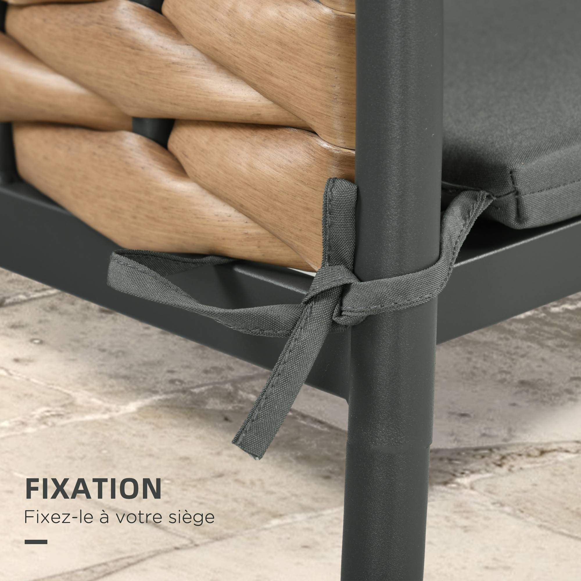 Lot de 6 coussins chaise extérieur tissu polyester forme carrée sangles 42x42cm gris - ComfortXL Outdoor Living - Image 6