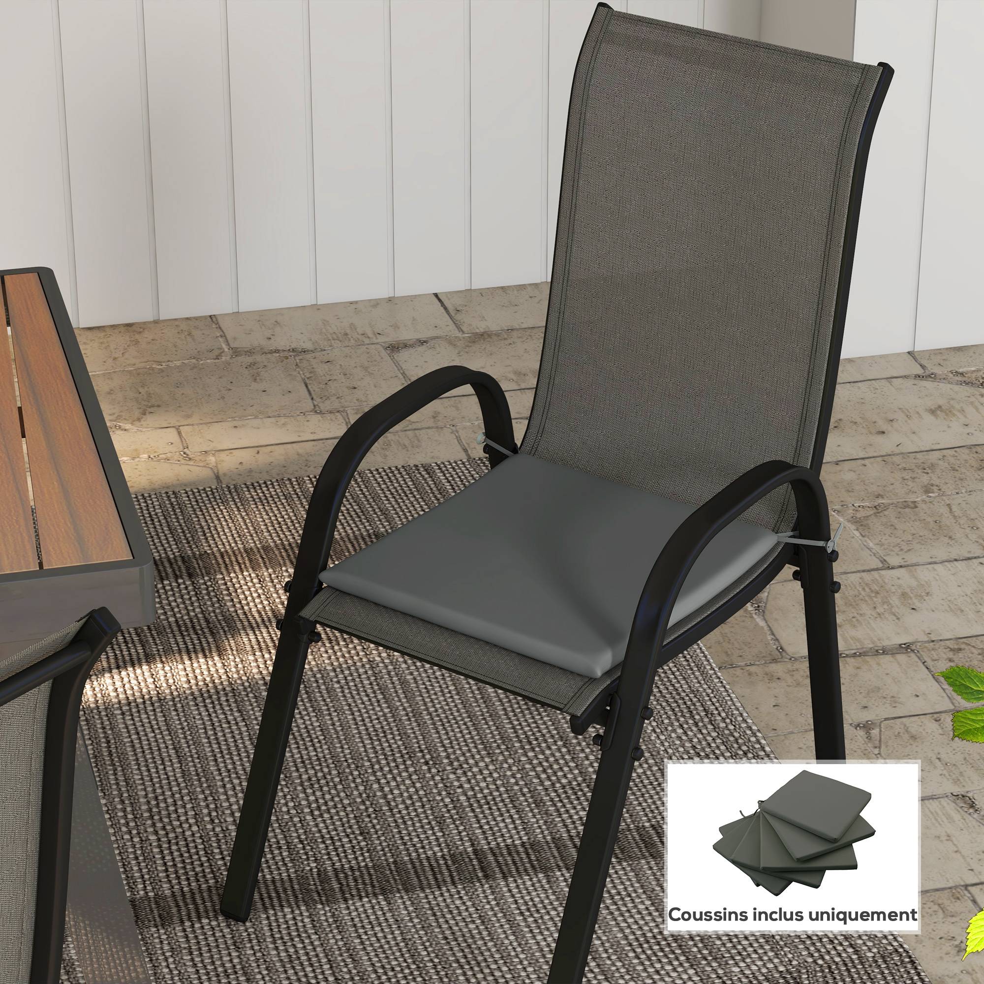 Lot de 6 coussins chaise extérieur tissu polyester forme carrée sangles 42x42cm gris - ComfortXL Outdoor Living - Image 3