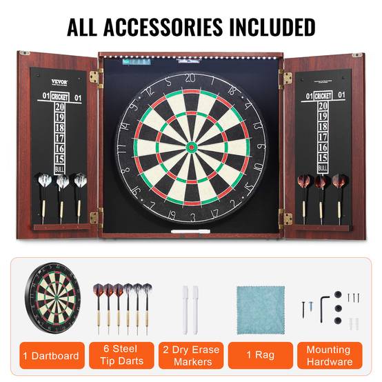 VEVOR Cible fléchettes armoire, taille officielle, LED. Pointe acier, accessoires complets, jeu cricket. - Image 6