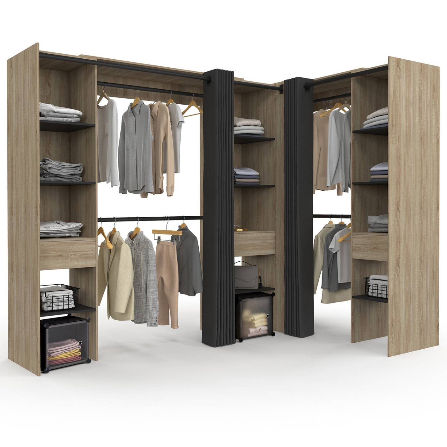 Dressing extensible d'angle MARLON 230 x 140 x 180 cm hêtre avec penderies + étagères + rideaux noirs - Image 2