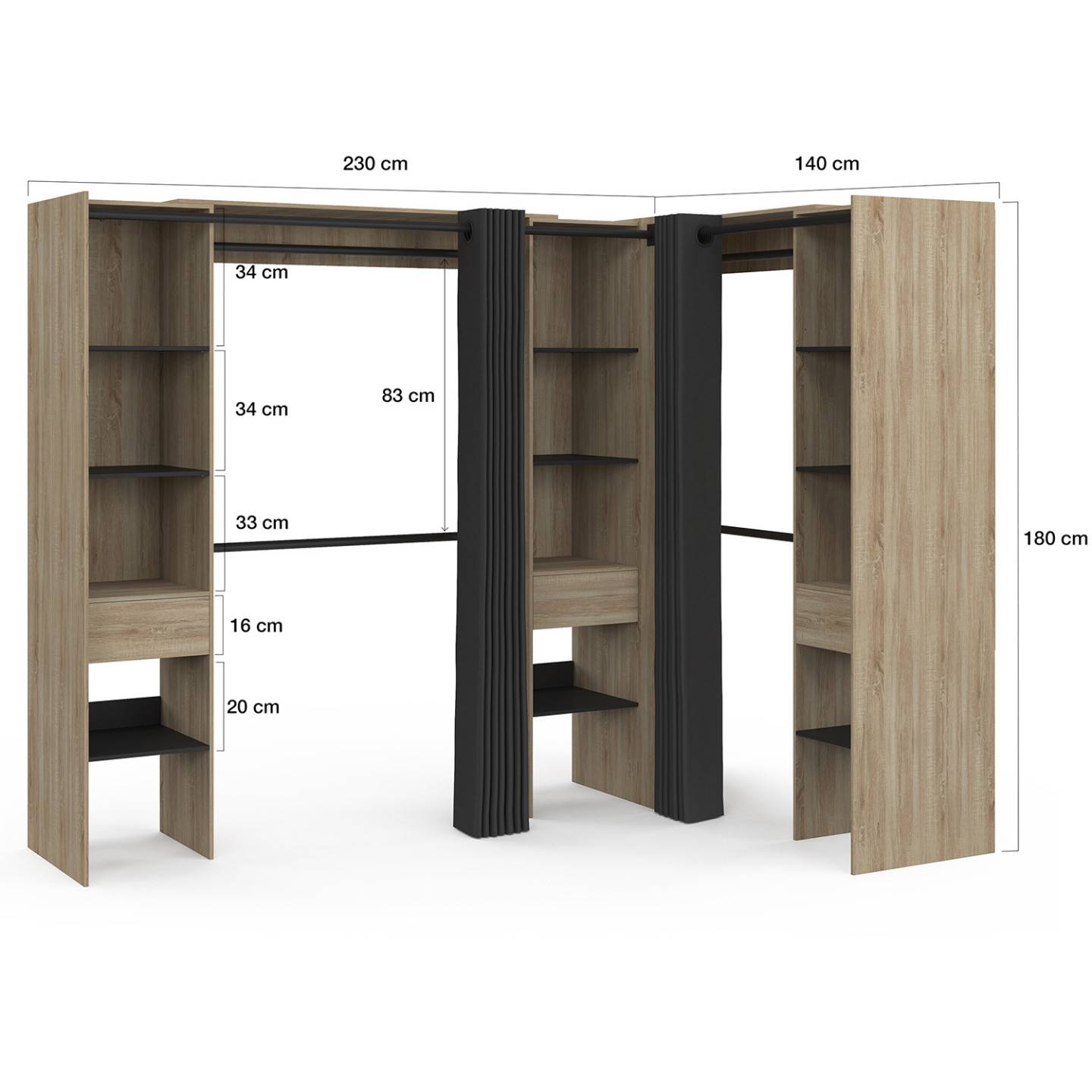Dressing extensible d'angle MARLON 230 x 140 x 180 cm hêtre avec penderies + étagères + rideaux noirs - Image 4