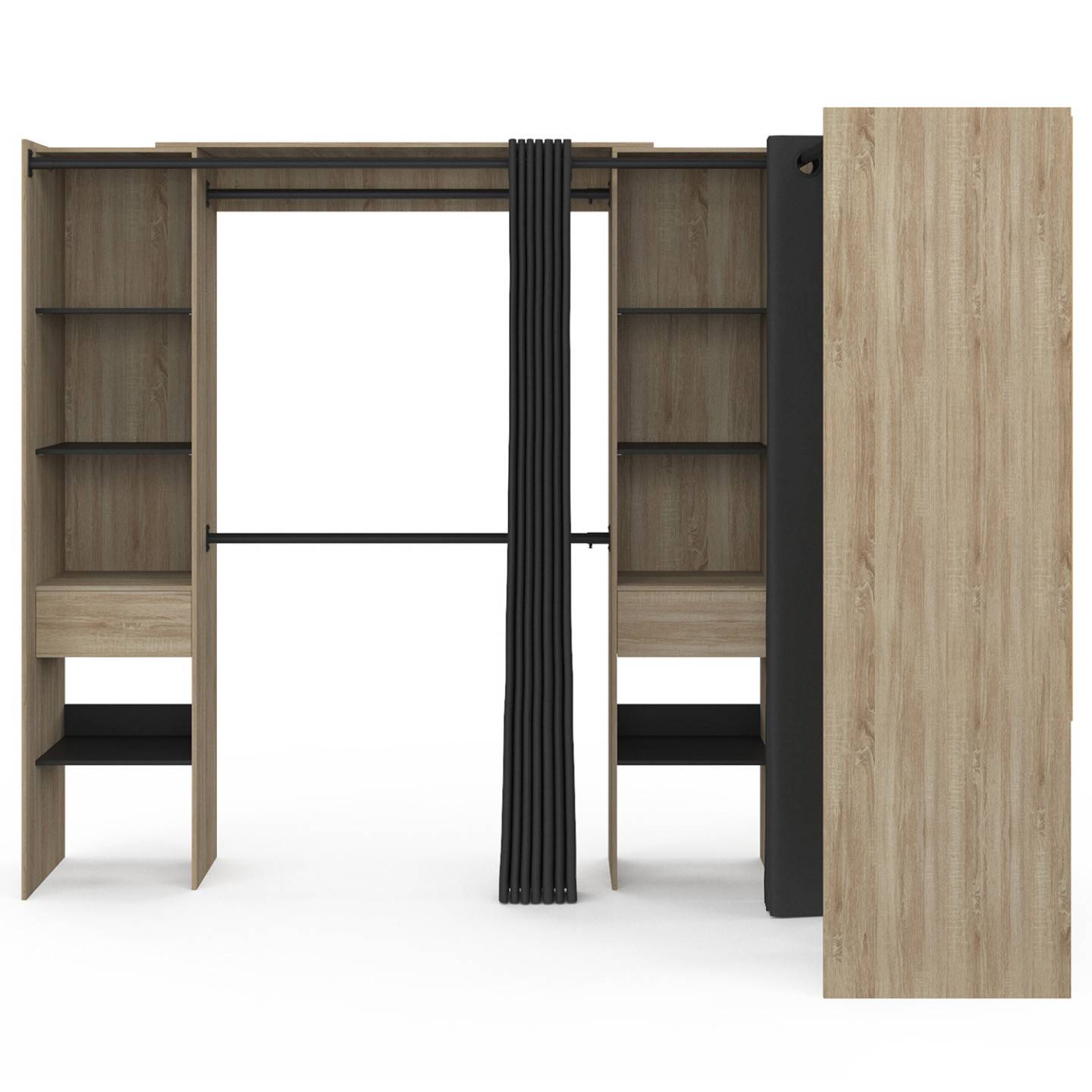 Dressing extensible d'angle MARLON 230 x 140 x 180 cm hêtre avec penderies + étagères + rideaux noirs - Image 3