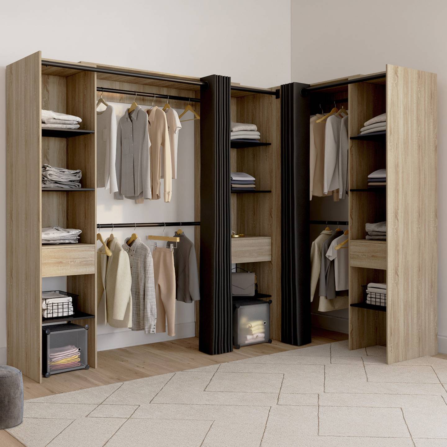 Dressing extensible d'angle MARLON 230 x 140 x 180 cm hêtre avec penderies + étagères + rideaux noirs - Image 1