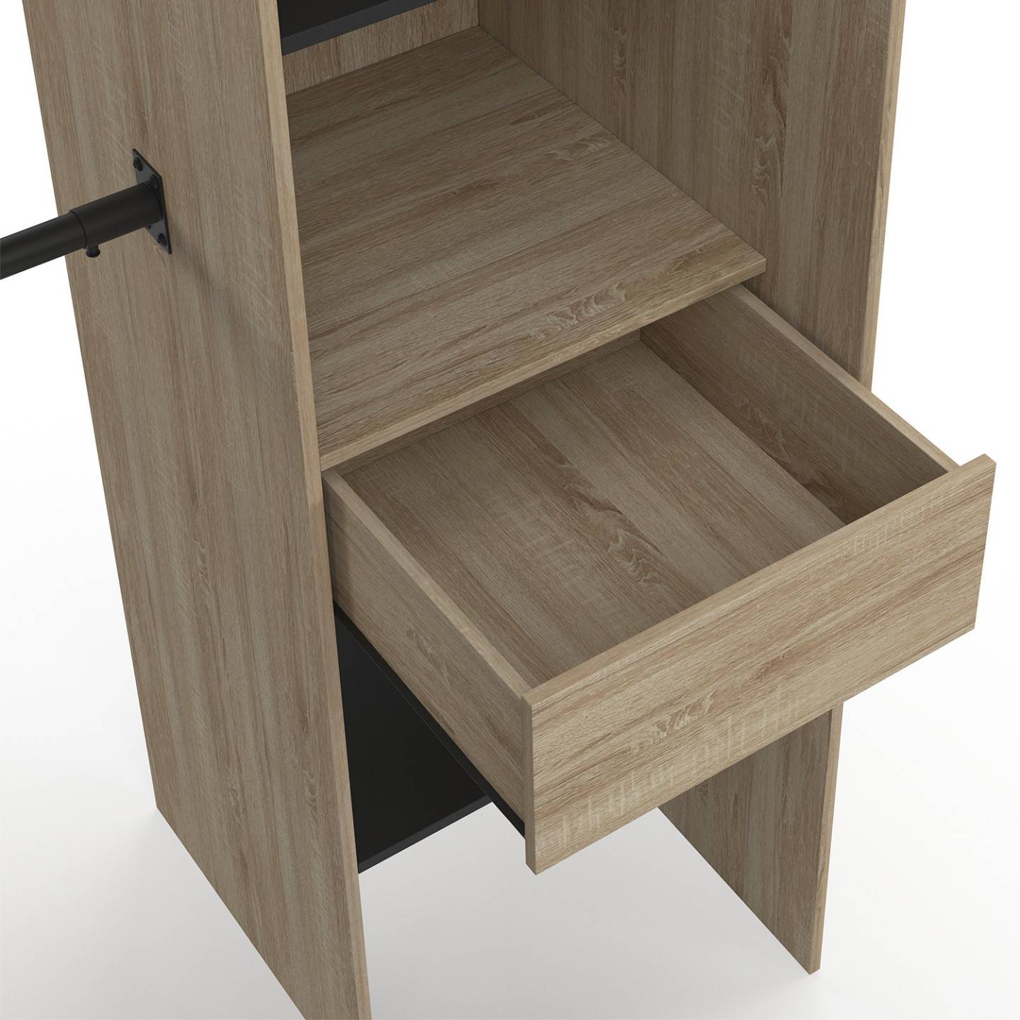 Dressing extensible d'angle MARLON 230 x 140 x 180 cm hêtre avec penderies + étagères + rideaux noirs - Image 5