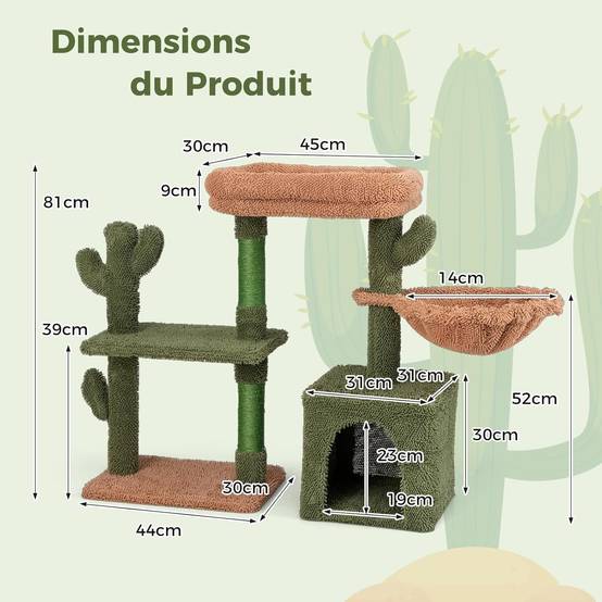 COSTWAY Arbre à Chat Cactus 81 cm, Tour pour Chat à 4 Étages, 3 Plateformes, Petit Arbre à Chat, Poteaux à Griffer en Sisal, Coussin Amovible, Vert - Image 3