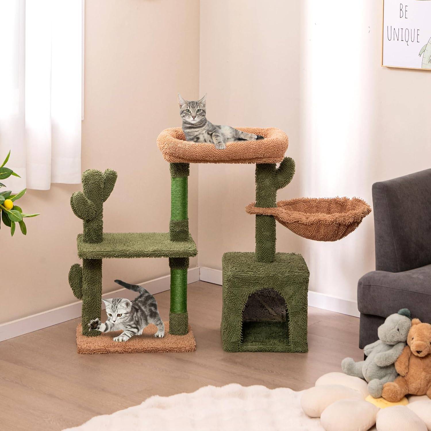 COSTWAY Arbre à Chat Cactus 81 cm, Tour pour Chat à 4 Étages, 3 Plateformes, Petit Arbre à Chat, Poteaux à Griffer en Sisal, Coussin Amovible, Vert - Image 2