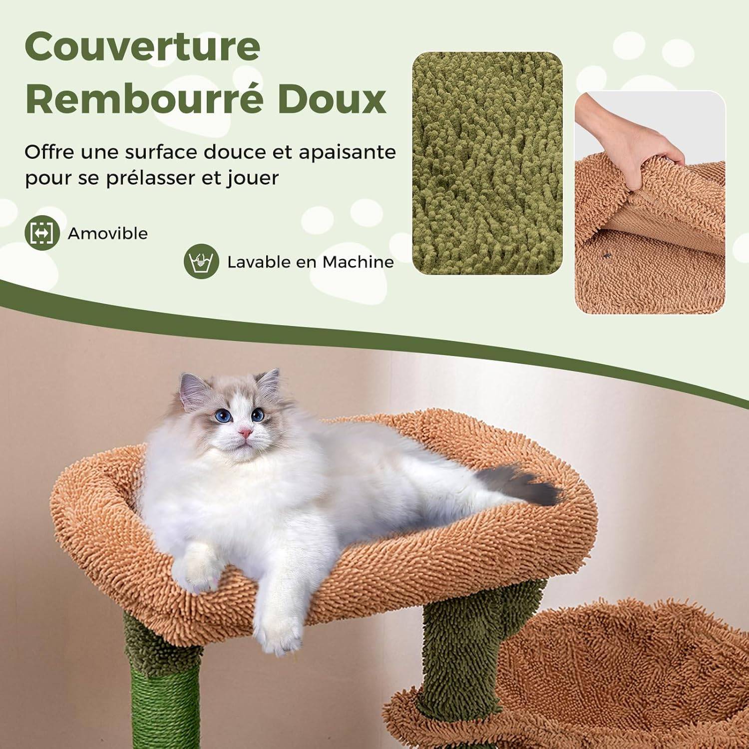 COSTWAY Arbre à Chat Cactus 81 cm, Tour pour Chat à 4 Étages, 3 Plateformes, Petit Arbre à Chat, Poteaux à Griffer en Sisal, Coussin Amovible, Vert - Image 5