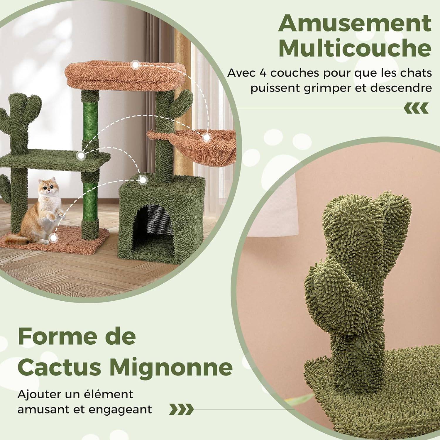 COSTWAY Arbre à Chat Cactus 81 cm, Tour pour Chat à 4 Étages, 3 Plateformes, Petit Arbre à Chat, Poteaux à Griffer en Sisal, Coussin Amovible, Vert - Image 7