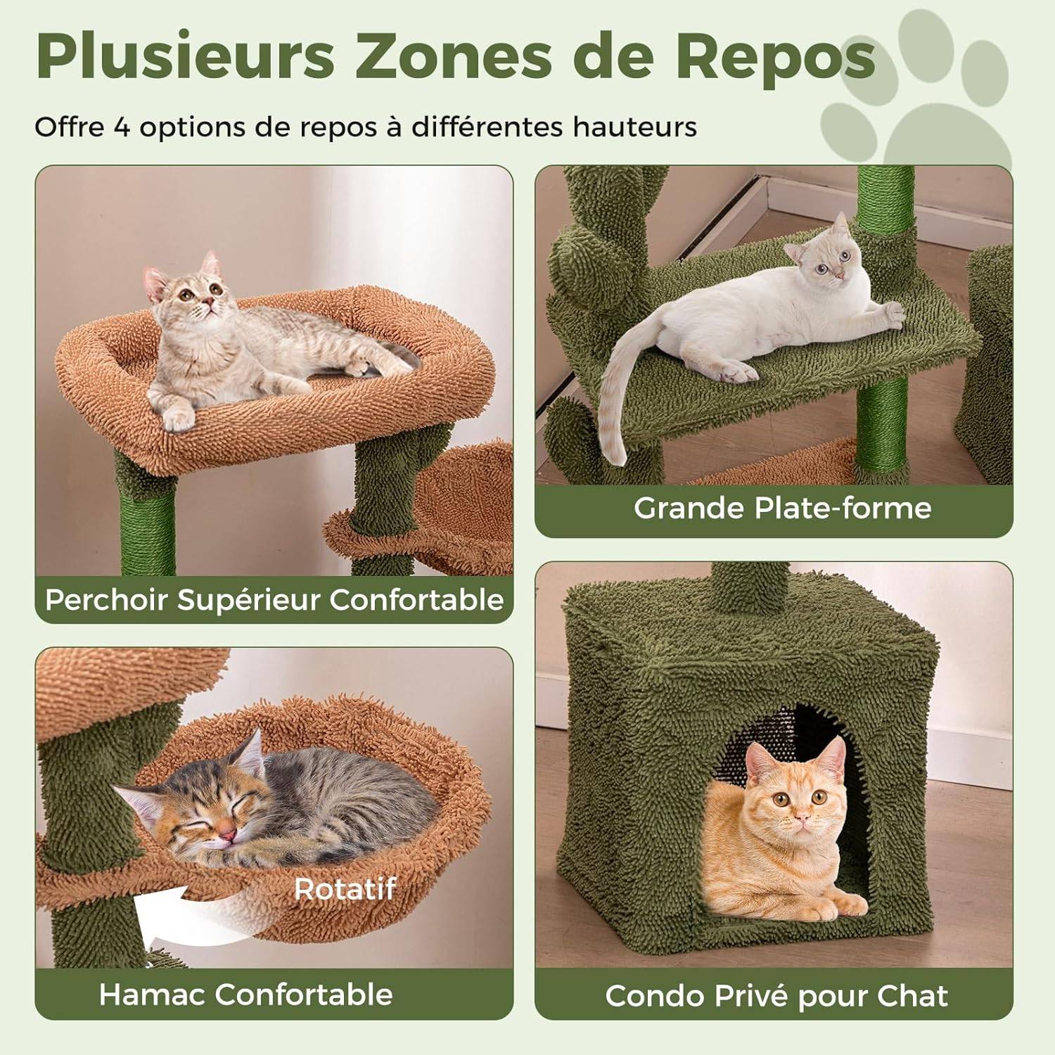 COSTWAY Arbre à Chat Cactus 81 cm, Tour pour Chat à 4 Étages, 3 Plateformes, Petit Arbre à Chat, Poteaux à Griffer en Sisal, Coussin Amovible, Vert - Image 4