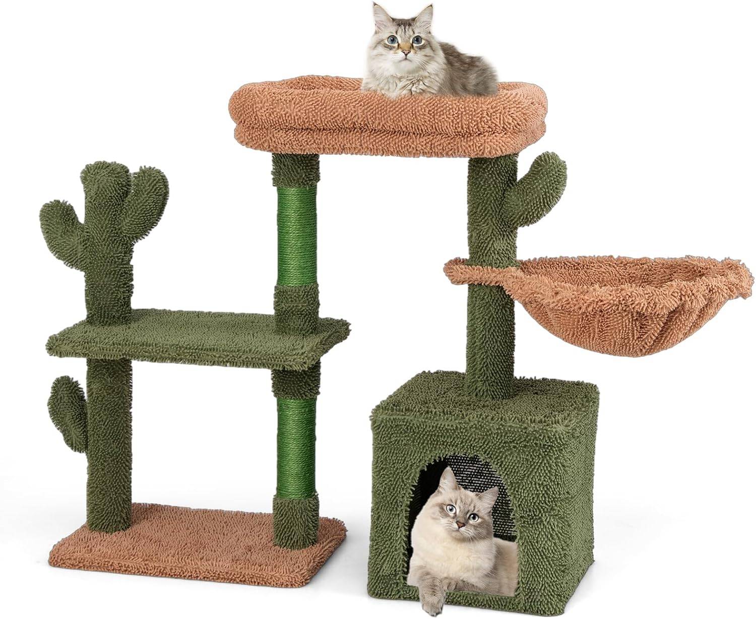COSTWAY Arbre à Chat Cactus 81 cm, Tour pour Chat à 4 Étages, 3 Plateformes, Petit Arbre à Chat, Poteaux à Griffer en Sisal, Coussin Amovible, Vert - Image 1