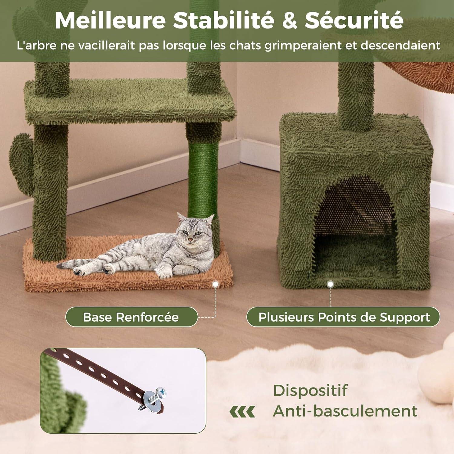 COSTWAY Arbre à Chat Cactus 81 cm, Tour pour Chat à 4 Étages, 3 Plateformes, Petit Arbre à Chat, Poteaux à Griffer en Sisal, Coussin Amovible, Vert - Image 8