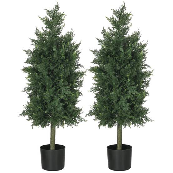 Lot 2 cèdres conifères artificiels PE protection UV extérieur pot lesté inclus 90cm vert - ComfortXL Outdoor Living - Image 2