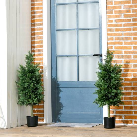 Lot 2 cèdres conifères artificiels PE protection UV extérieur pot lesté inclus 90cm vert - ComfortXL Outdoor Living - Image 10
