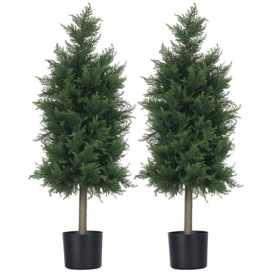 Lot 2 cèdres conifères artificiels PE protection UV extérieur pot lesté inclus 90cm vert - ComfortXL Outdoor Living - Image 1