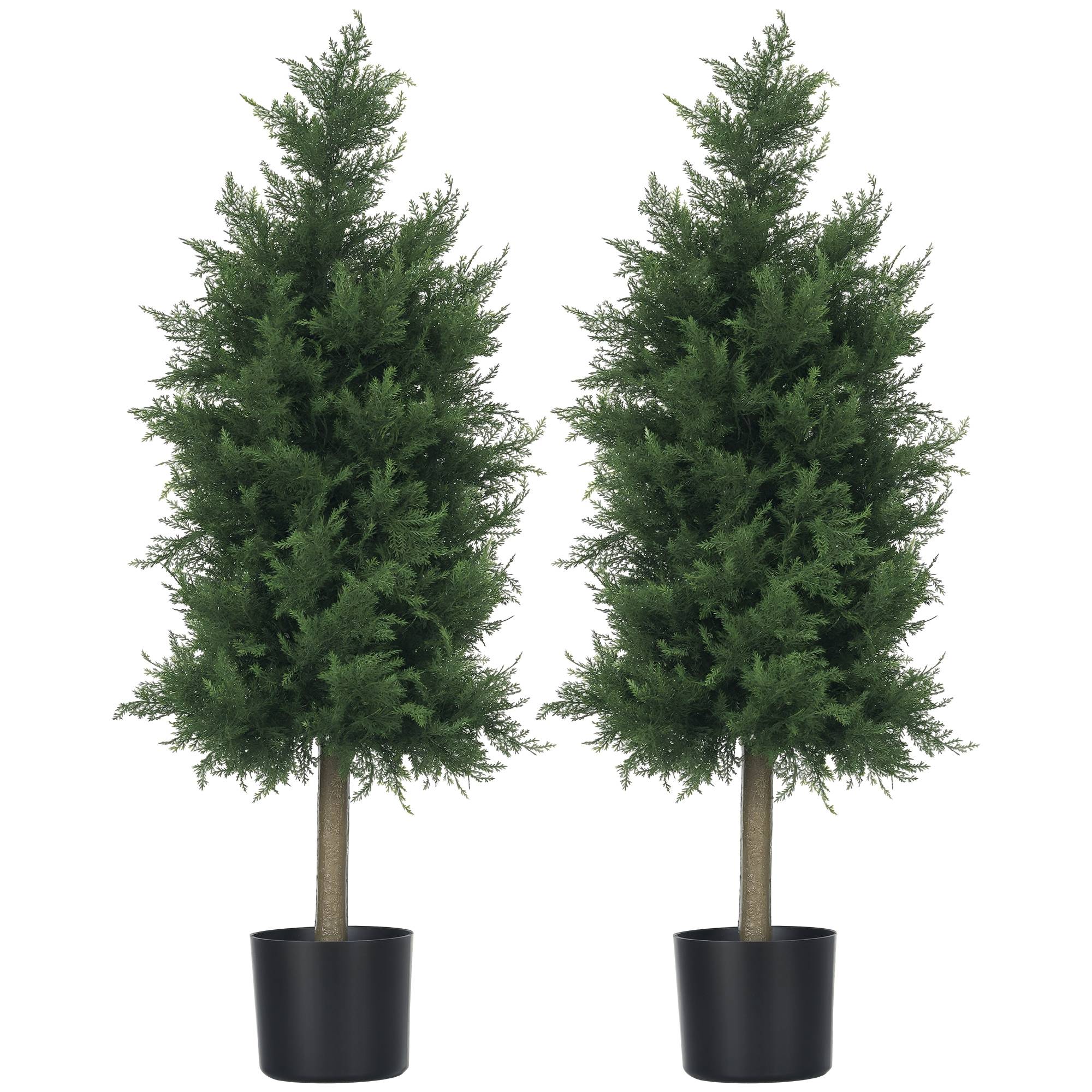 Lot 2 cèdres conifères artificiels PE protection UV extérieur pot lesté inclus 90cm vert - ComfortXL Outdoor Living - Image 1