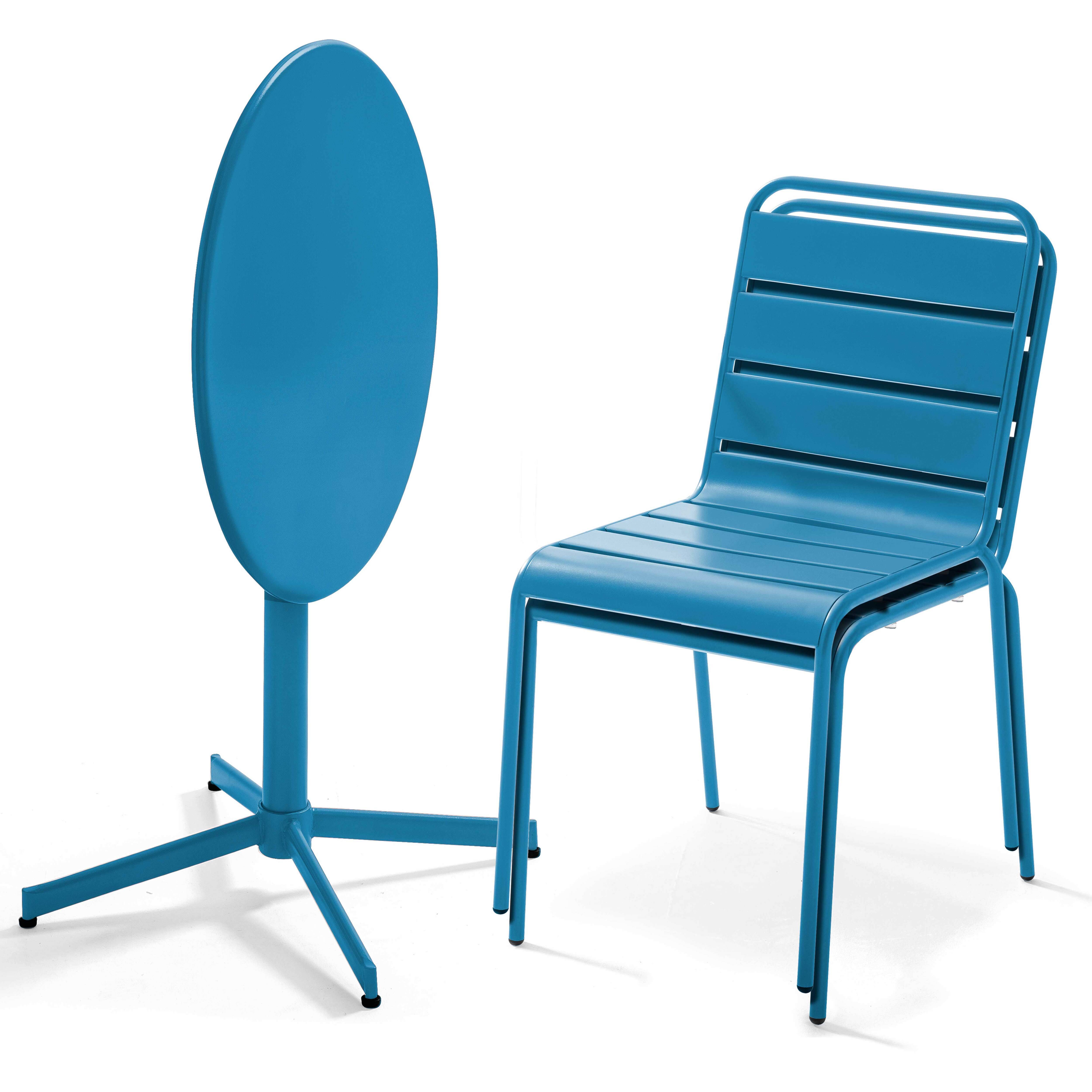 Oviala - Ensemble table de jardin ronde et 2 chaises métal bleu pacific Palavas - Oviala - Image 3