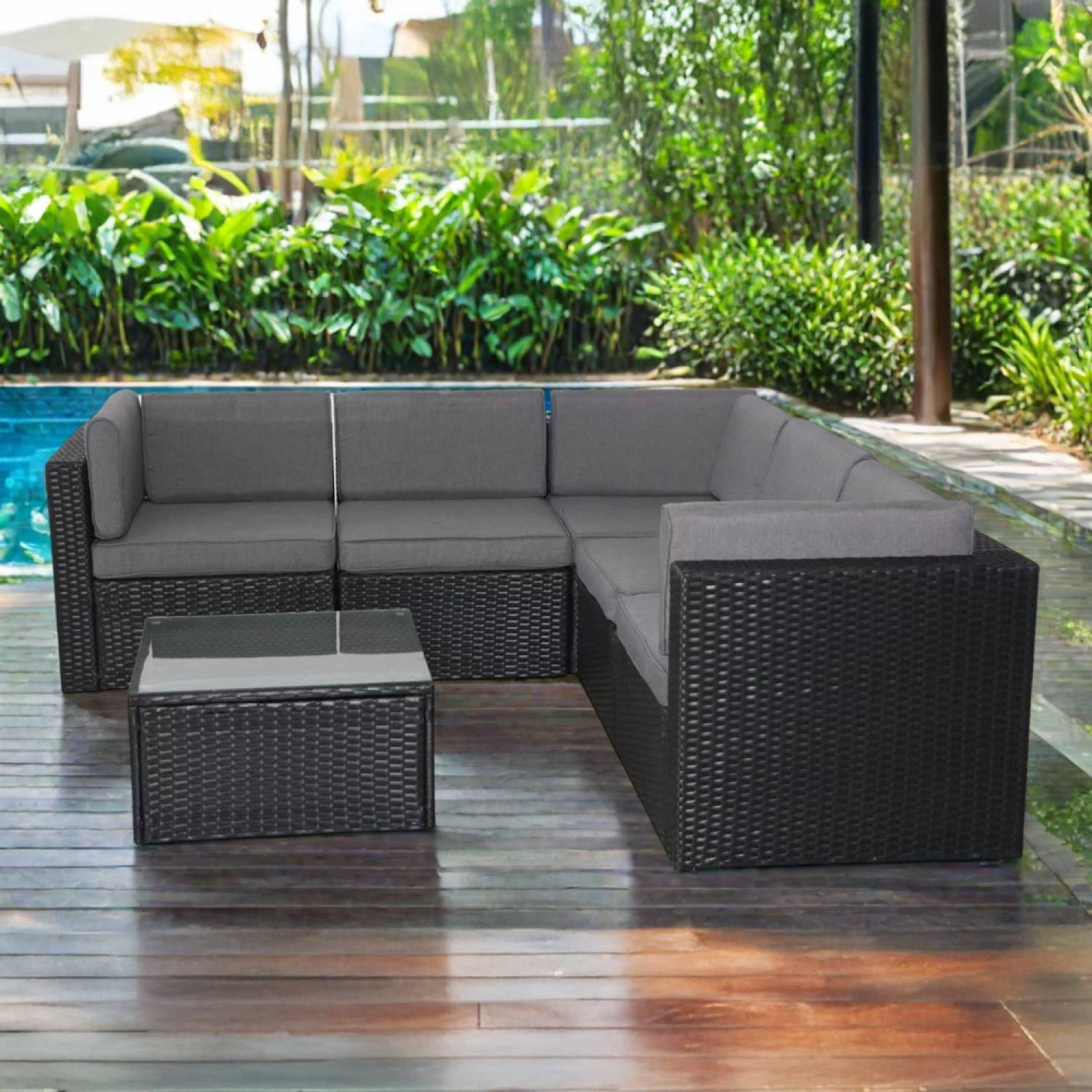 Salon de jardin 5 places en résine tressée avec table noir et gris BIMINI - Imagen 3