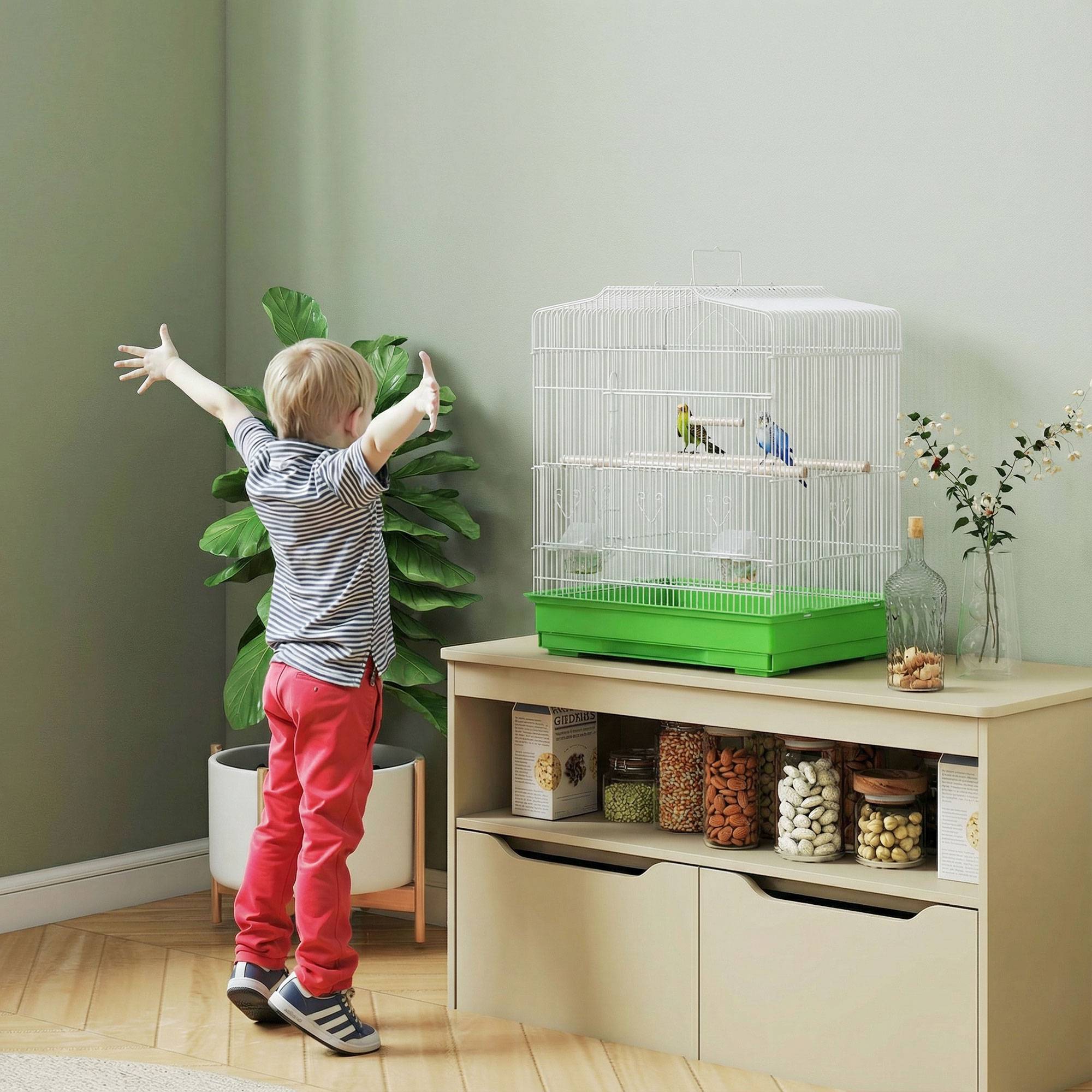 ComfortXL - Cage à oiseaux acier 46,5 x 36 x 59 cm blanc et vert pour perruches avec perchoirs mangeoires et tiroir amovible - Image 8