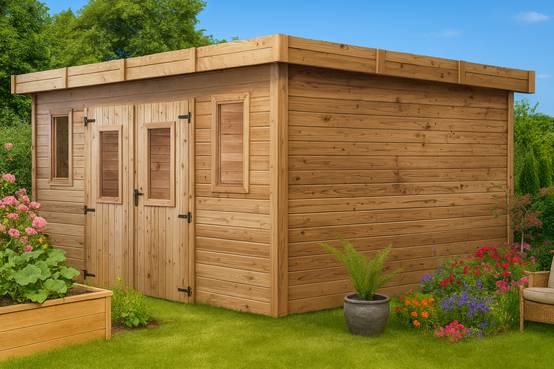 Habrita - Abri Madriers bois massif - 28 mm- surface extérieur 12,32 m2 - Toit plat - couverture polycarbonate - Image 2