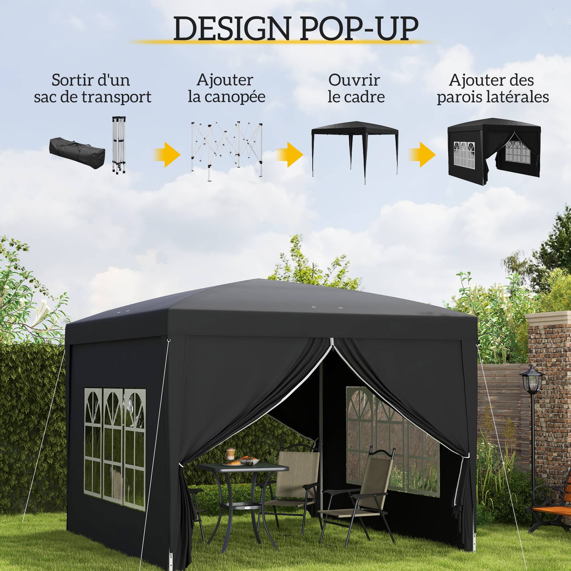 Outsunny - Tonnele de jardin barnum pop-up pliant 3x3m 4 parois amovibles sac de transport inclus noir - OUTSUNNY - Image 4