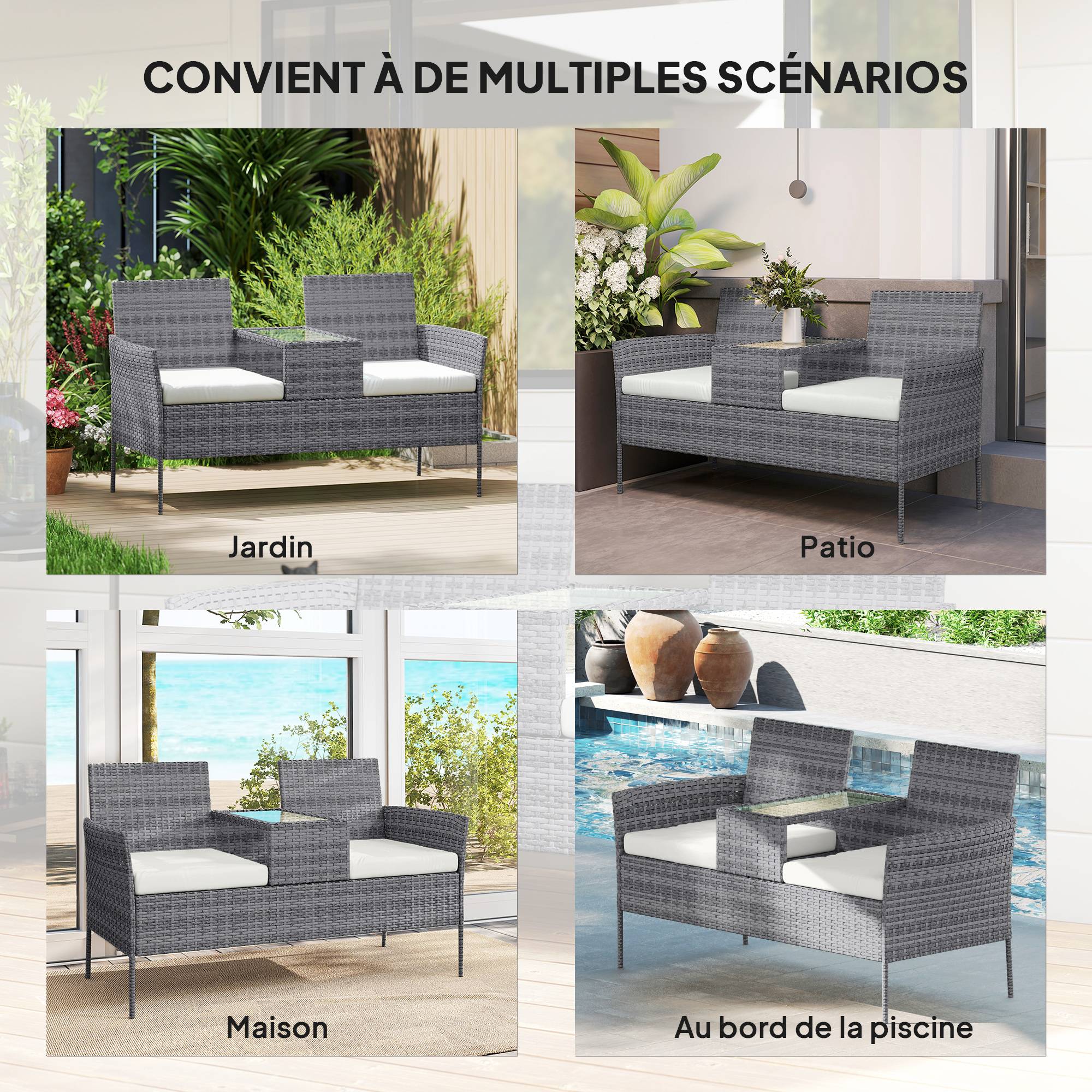 Banc jardin 2 places résine tressée balcon table centrale 135x64x81cm gris - ComfortXL Outdoor Living - Image 8