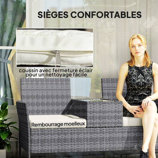 Banc jardin 2 places résine tressée balcon table centrale 135x64x81cm gris - ComfortXL Outdoor Living - Image 9