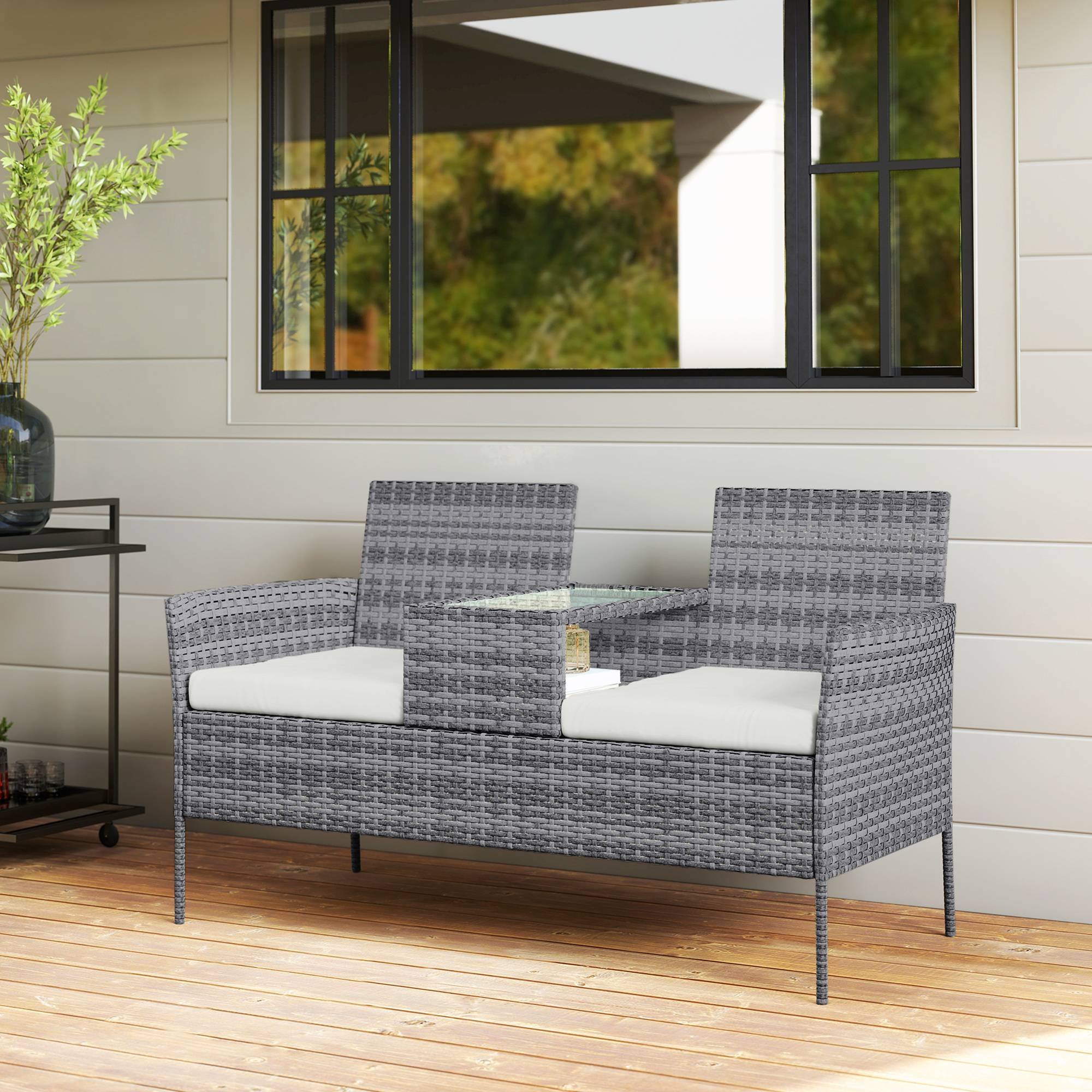 Banc jardin 2 places résine tressée balcon table centrale 135x64x81cm gris - ComfortXL Outdoor Living - Image 4