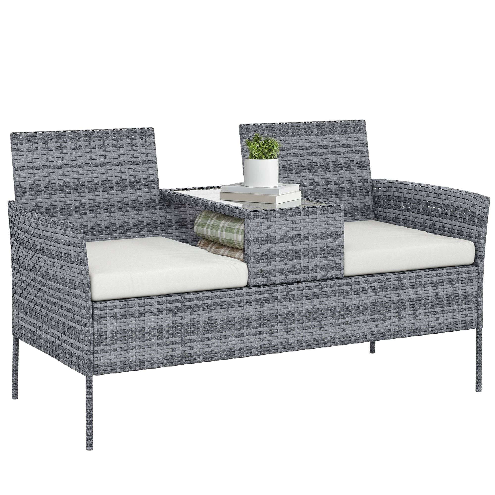 Banc jardin 2 places résine tressée balcon table centrale 135x64x81cm gris - ComfortXL Outdoor Living - Image 1