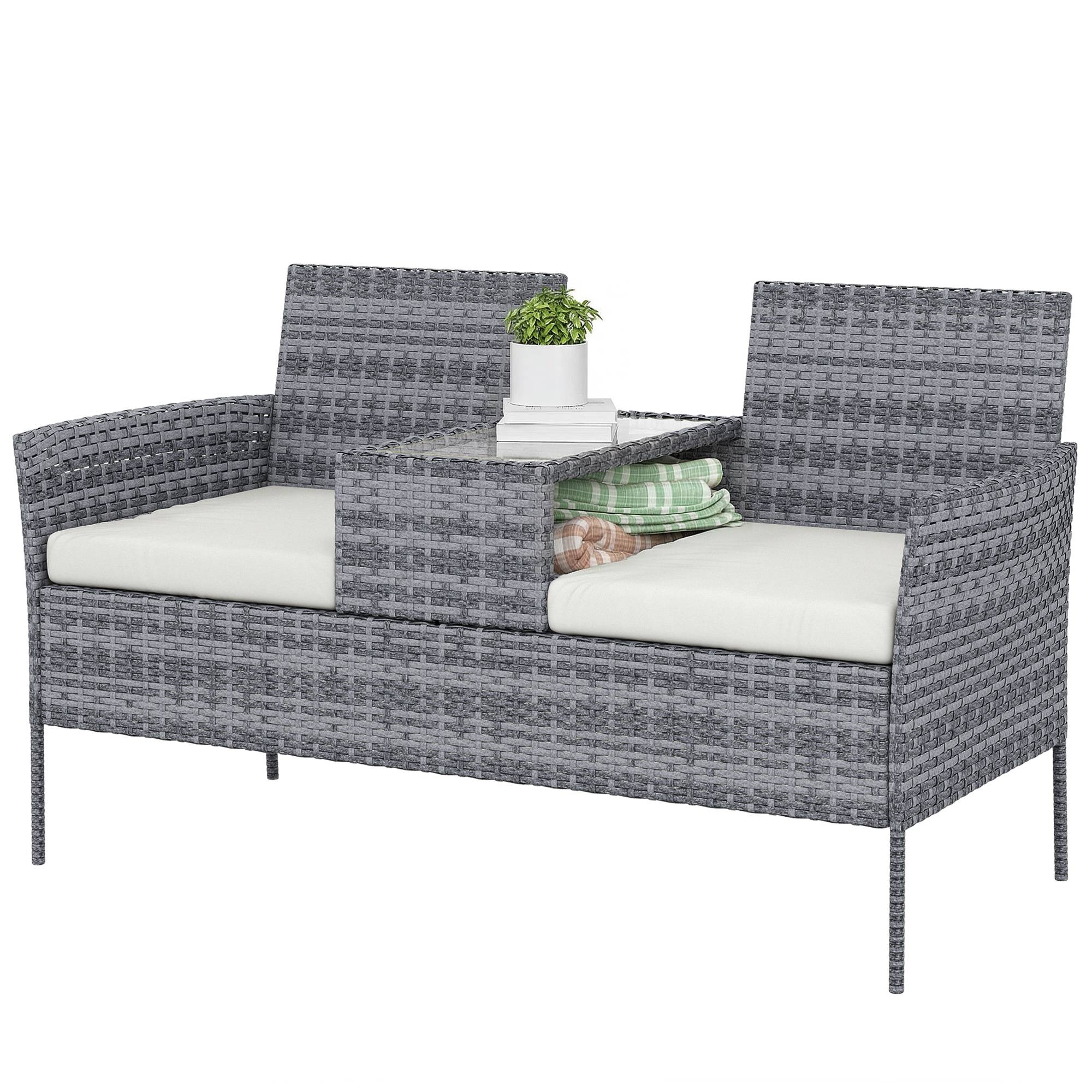 Banc jardin 2 places résine tressée balcon table centrale 135x64x81cm gris - ComfortXL Outdoor Living - Image 2