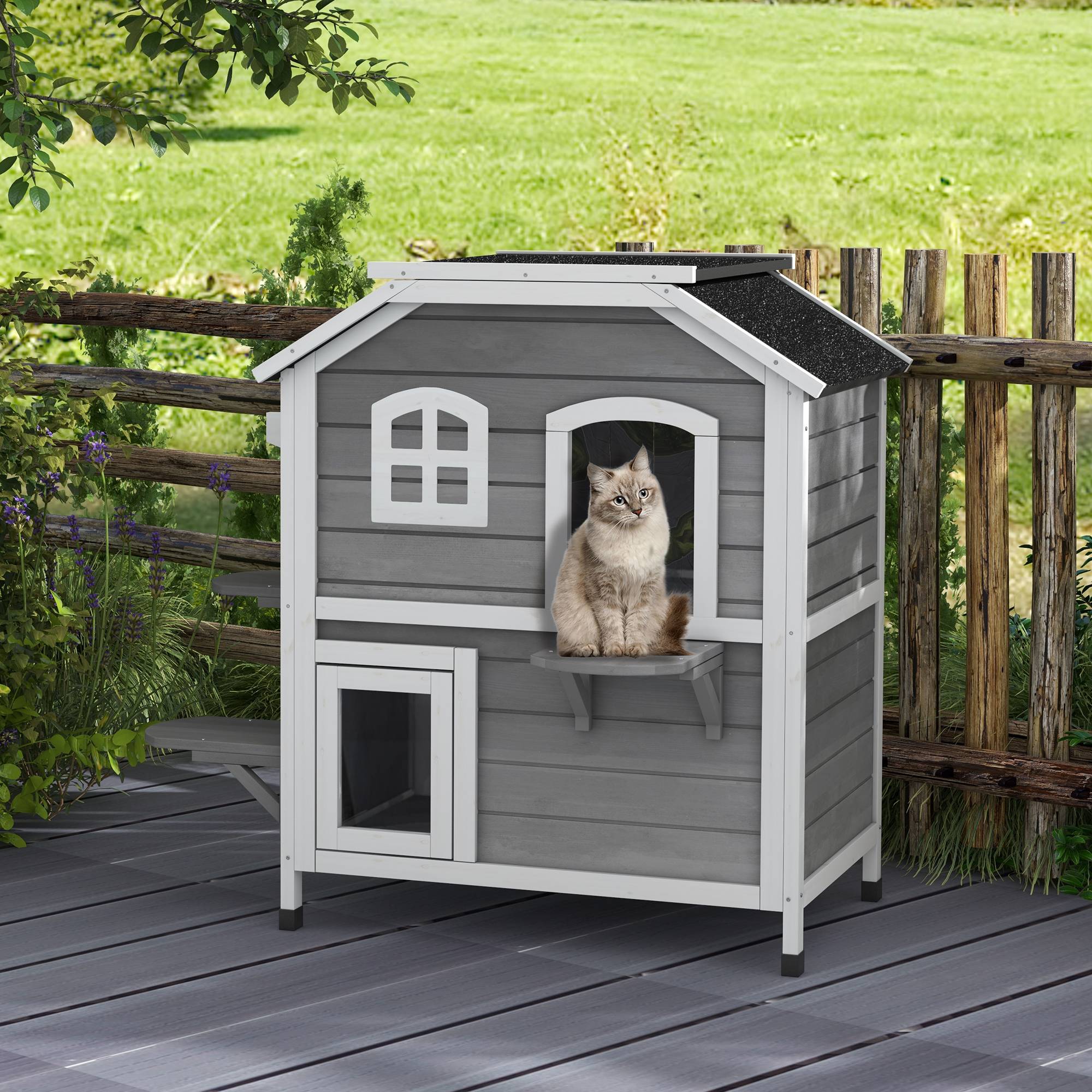 Maison pour chat en bois gris 99.5 x 76 x 91 cm - PANGIVO - Image 4