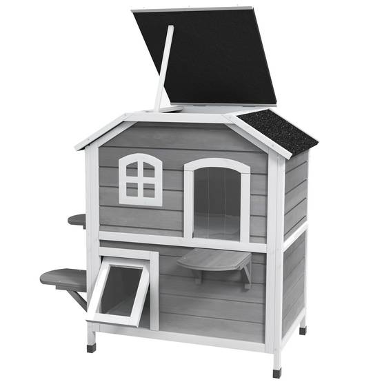 Maison pour chat en bois gris 99.5 x 76 x 91 cm - PANGIVO - Image 2