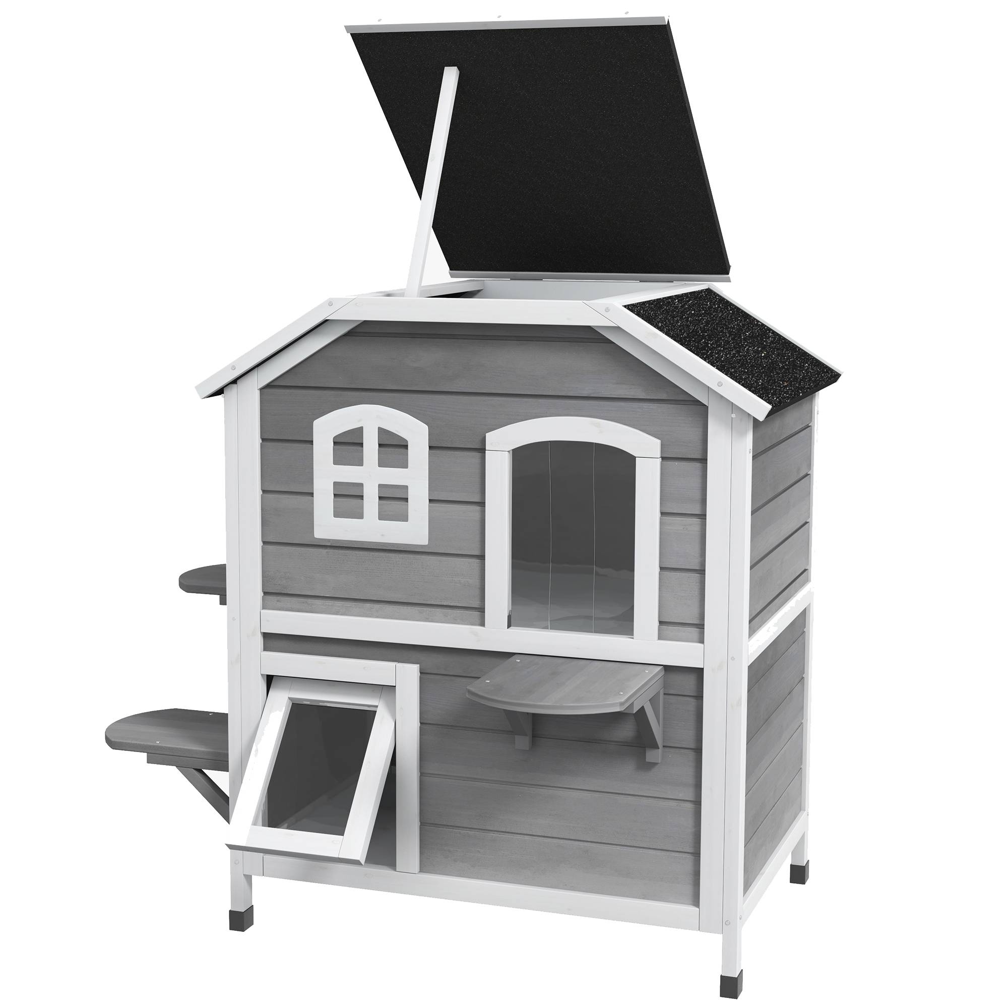 Maison pour chat en bois gris 99.5 x 76 x 91 cm - PANGIVO - Image 2