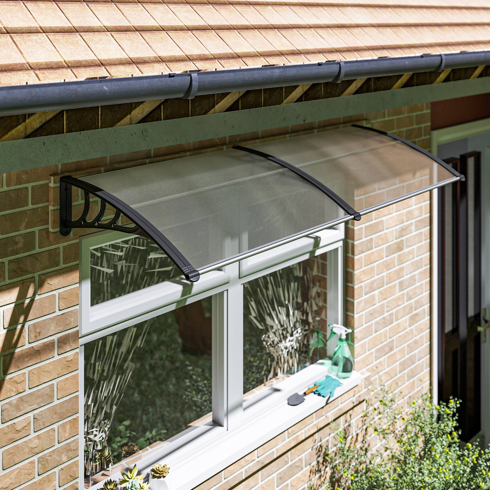 Double auvent porte fenêtre polycarbonate aluminium protection UV pluie 75x195cm transparent - ComfortXL Outdoor Living - Image 4