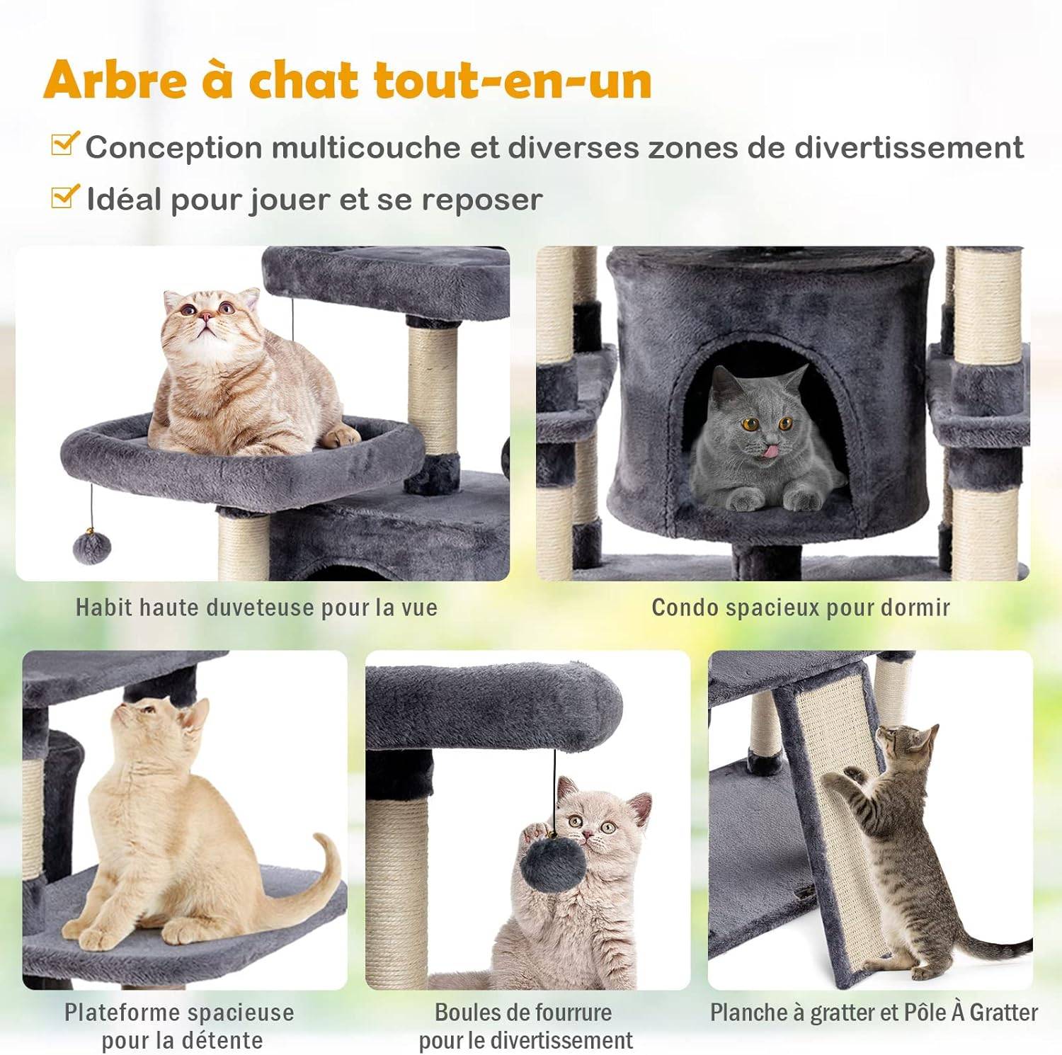Arbre à Chat Griffoir 60x50x170 cm en Peluche 2 Niches 3 Peluches Suspendues - Image 3
