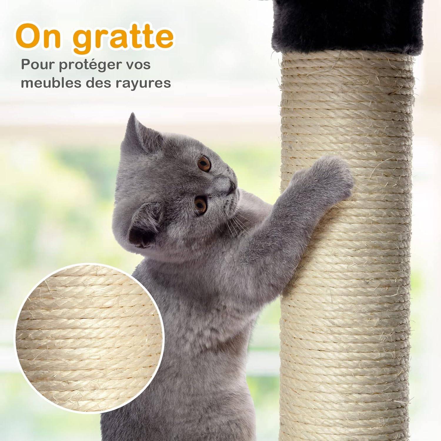 Arbre à Chat Griffoir 60x50x170 cm en Peluche 2 Niches 3 Peluches Suspendues - Image 7
