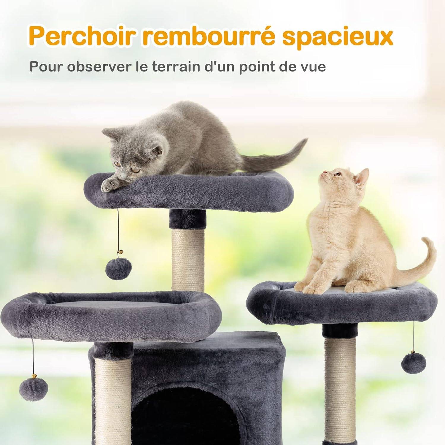 Arbre à Chat Griffoir 60x50x170 cm en Peluche 2 Niches 3 Peluches Suspendues - Image 9