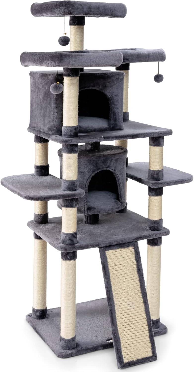 Arbre à Chat Griffoir 60x50x170 cm en Peluche 2 Niches 3 Peluches Suspendues - Image 1