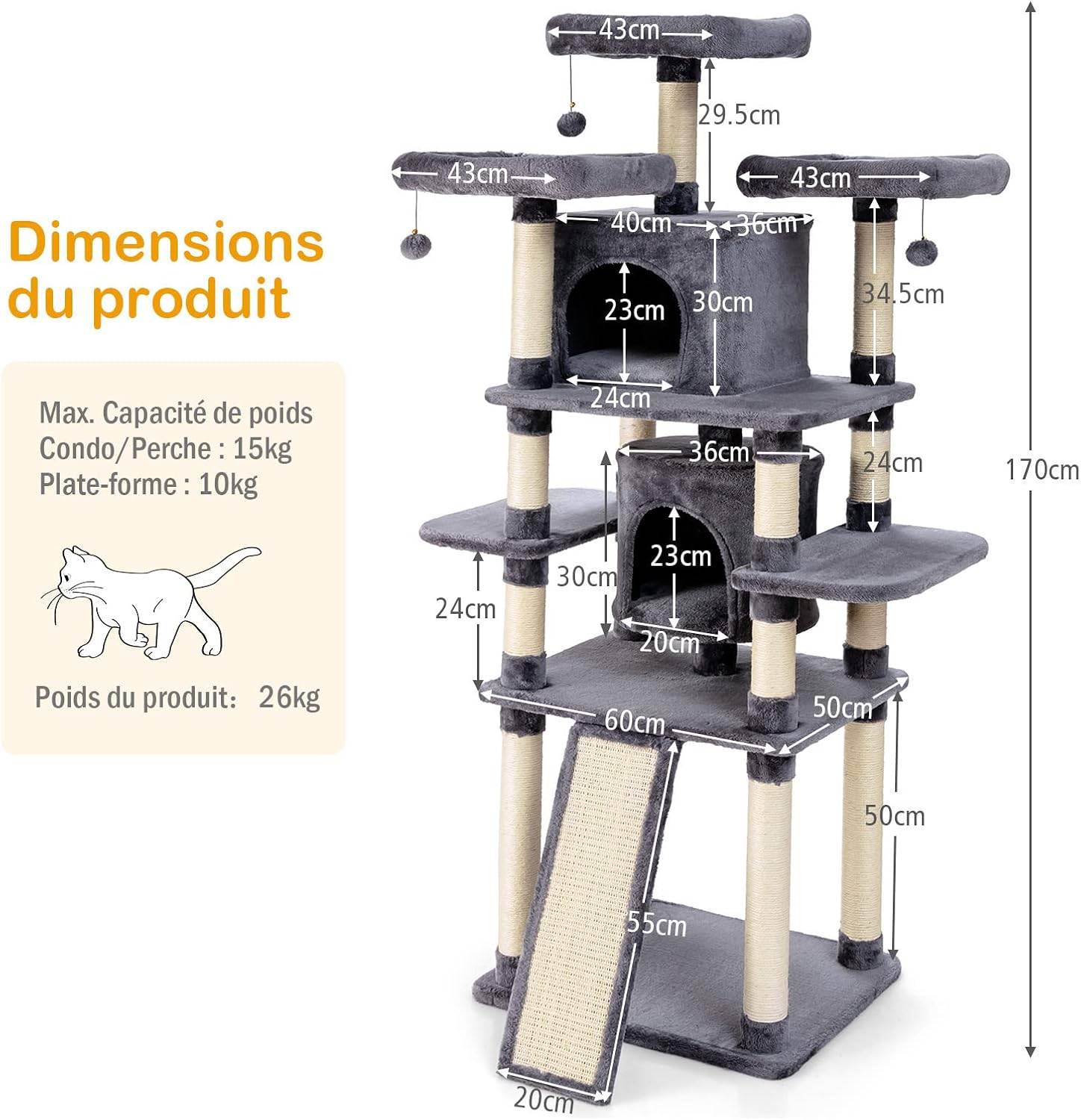 Arbre à Chat Griffoir 60x50x170 cm en Peluche 2 Niches 3 Peluches Suspendues - Image 5
