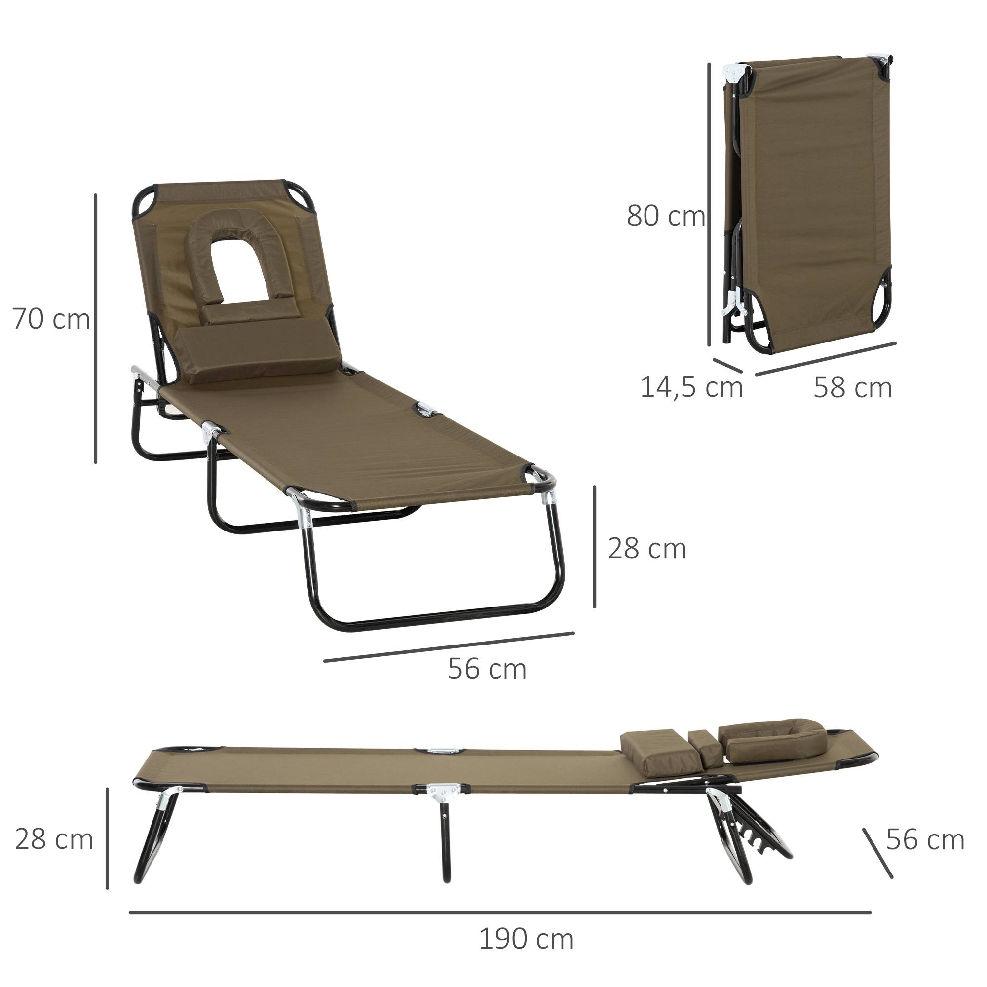 Transat pliant avec dossier réglable (4 positions), trou de lecture, coussin en tissu Oxford, 190 x 56 x 28 cm, marron - Image 5