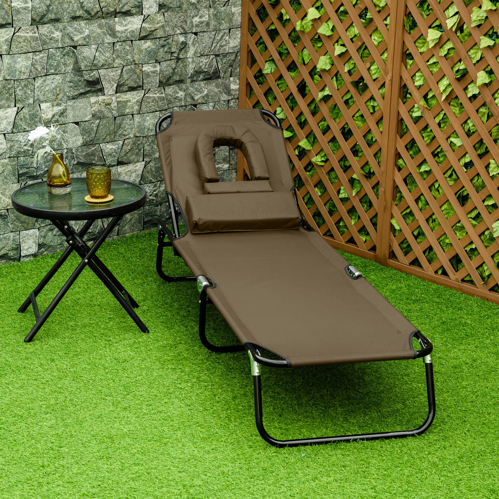 Transat pliant avec dossier réglable (4 positions), trou de lecture, coussin en tissu Oxford, 190 x 56 x 28 cm, marron - Image 3
