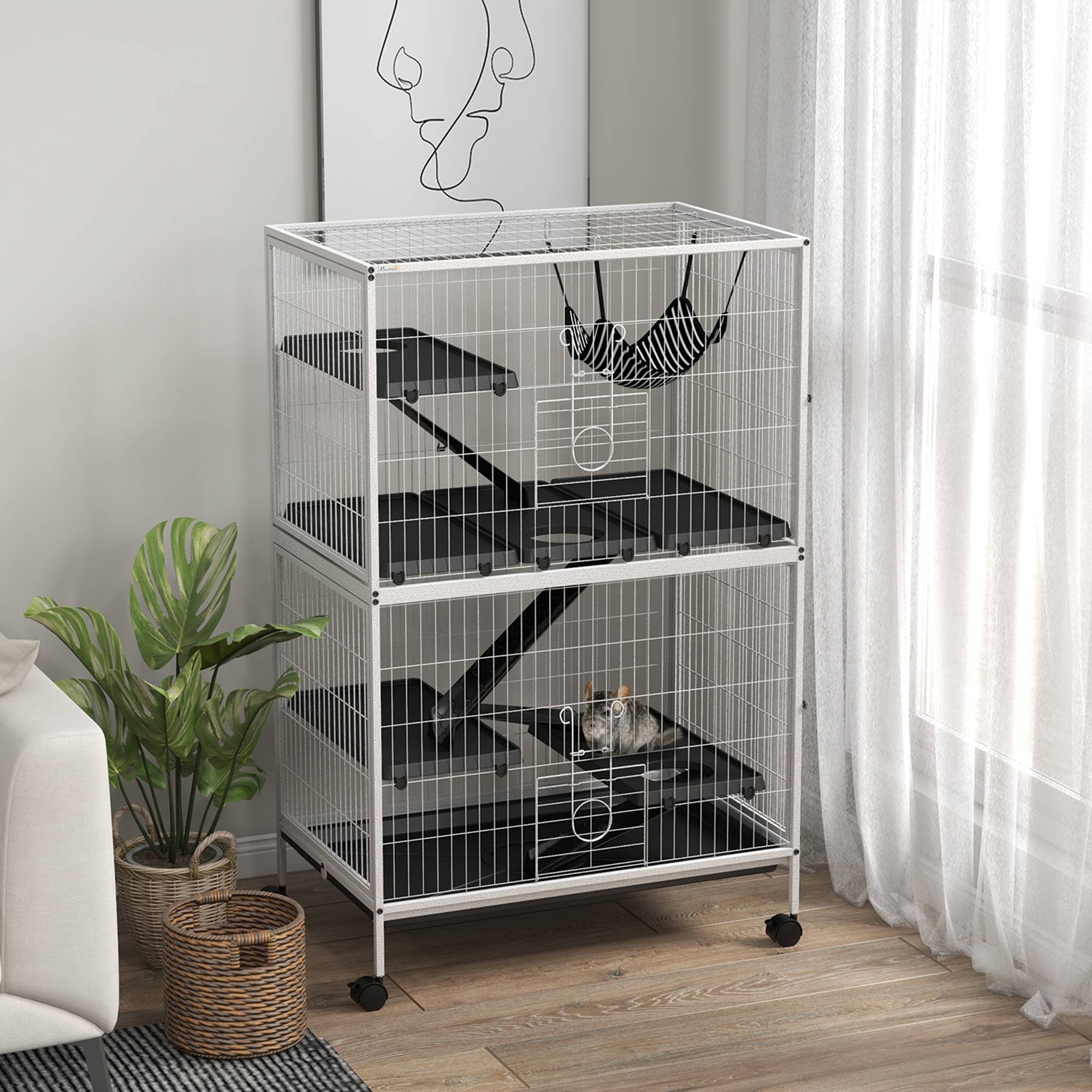 Grande cage acier rongeurs furets chinchillas 4 étages sur roulettes 80x52x128cm blanc - ComfortXL Outdoor Living - Image 4
