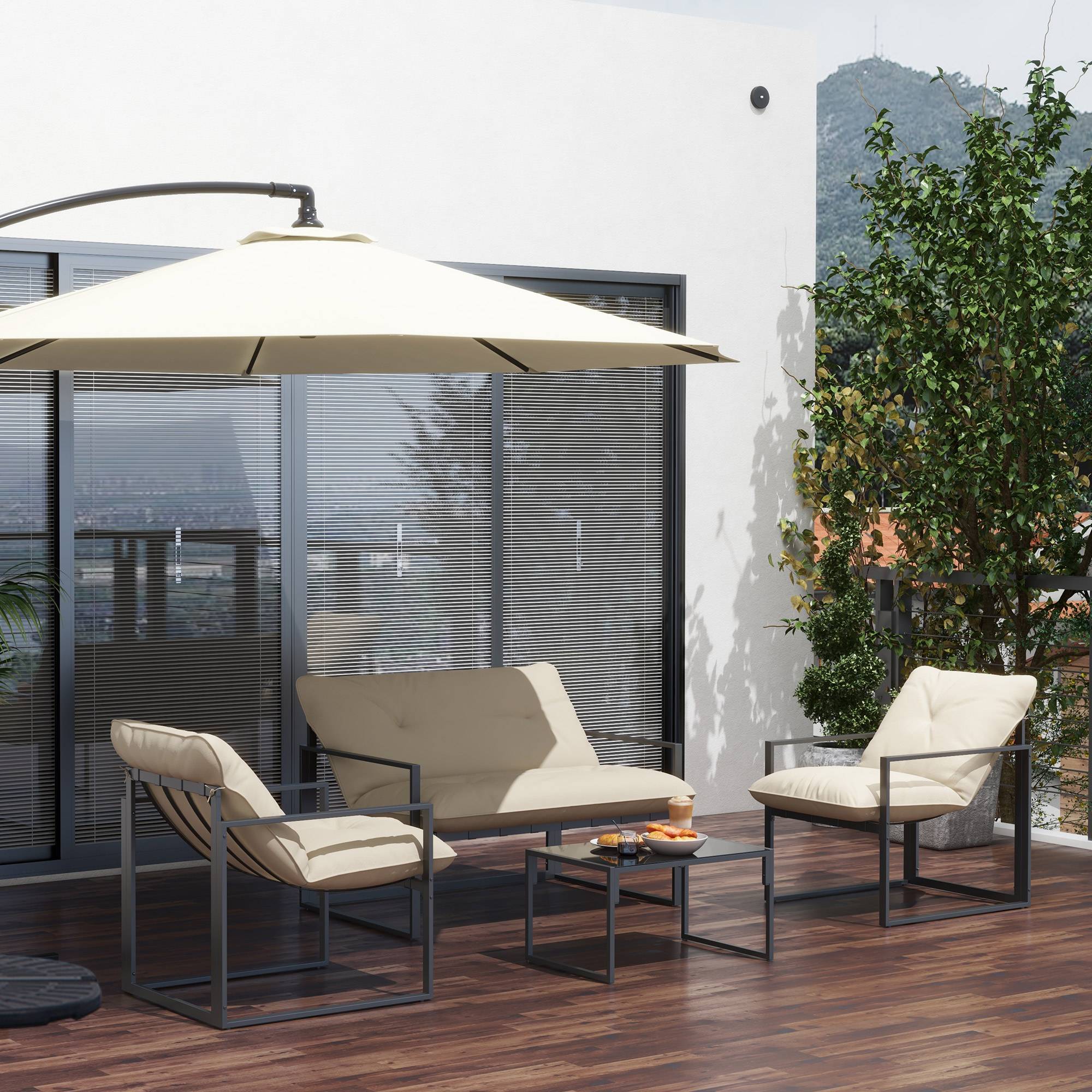 Outsunny - Salon de jardin 4 personnes - 4 pièces, 3 coussins - acier époxy noir polyester beige - Outsunny - Imagen 6