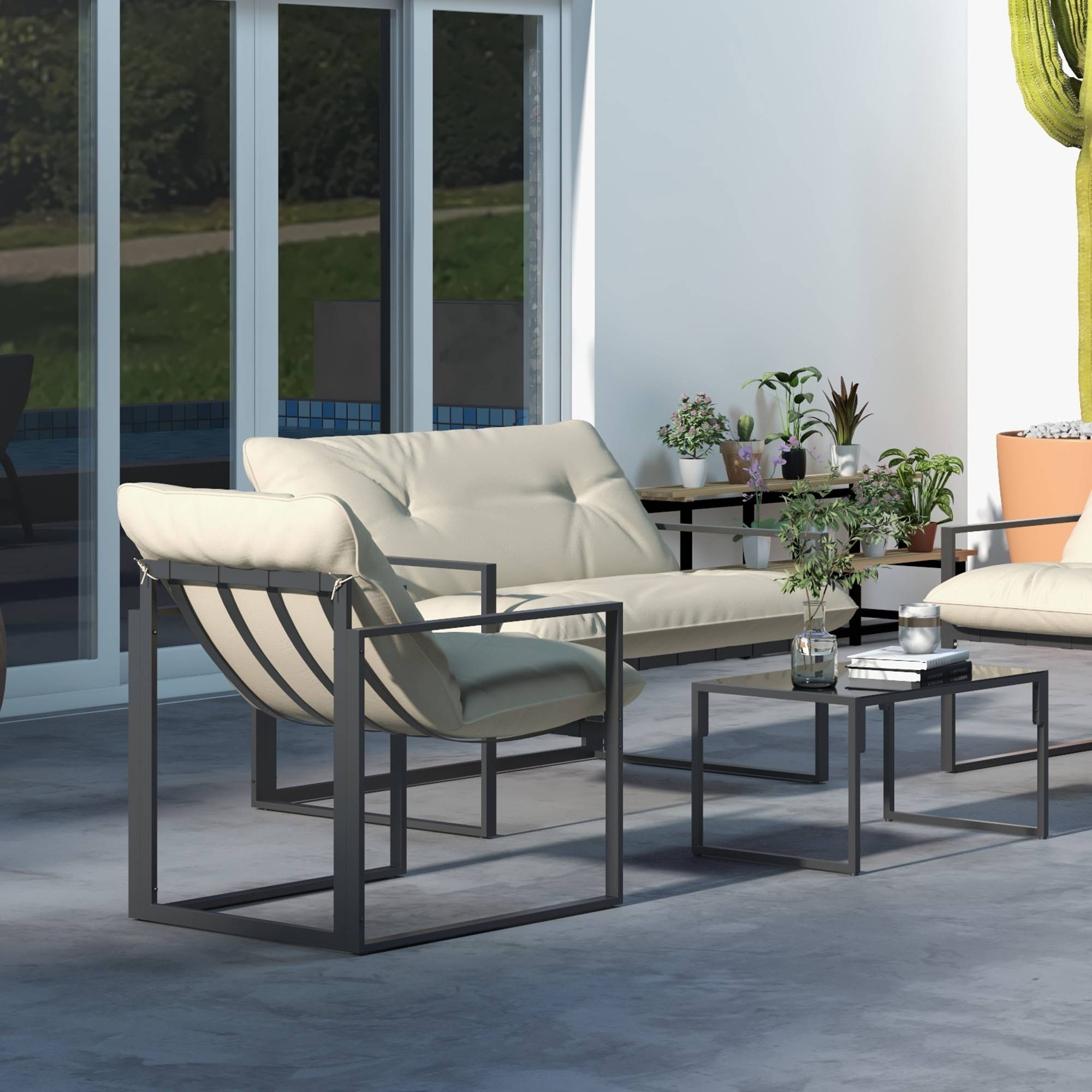 Outsunny - Salon de jardin 4 personnes - 4 pièces, 3 coussins - acier époxy noir polyester beige - Outsunny - Imagen 5