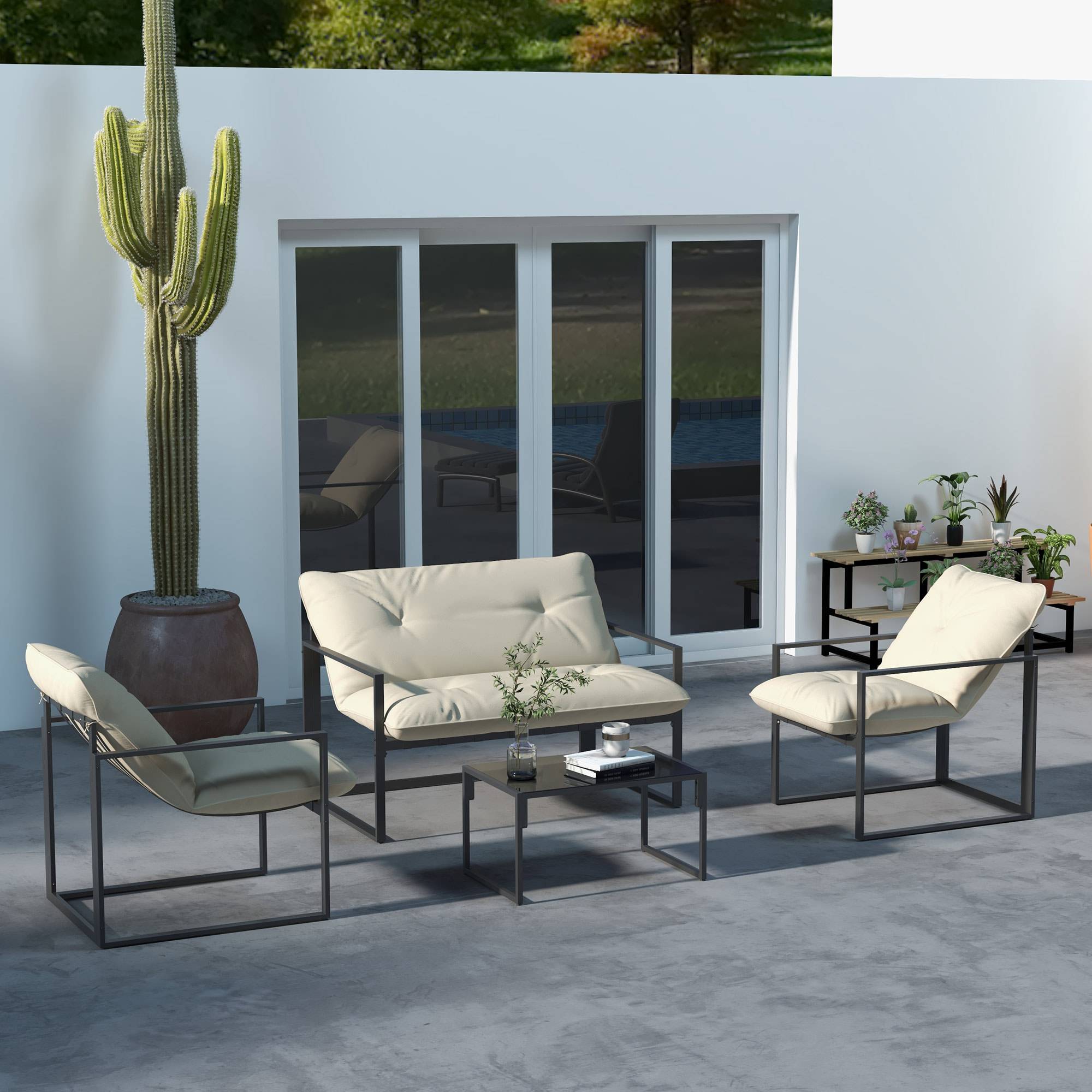 Outsunny - Salon de jardin 4 personnes - 4 pièces, 3 coussins - acier époxy noir polyester beige - Outsunny - Imagen 4