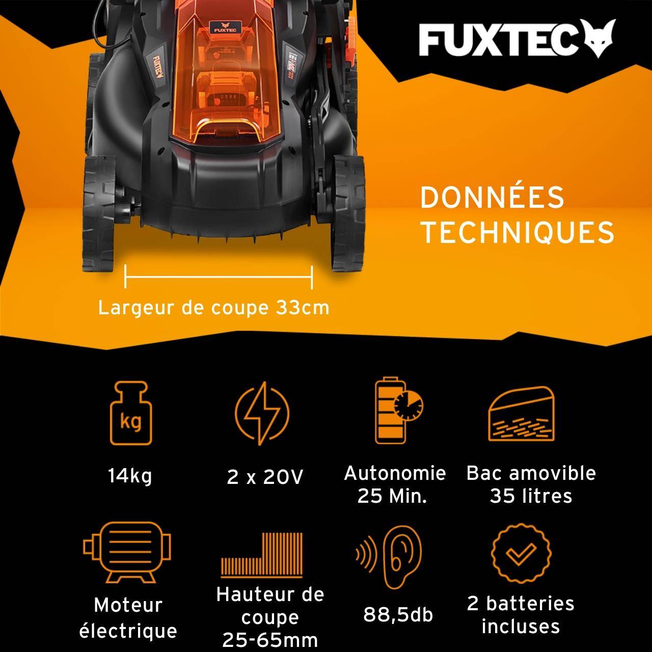 FUXTEC - Tondeuse gazon batterie 40V (2X20V) - FUXTEC FX-E1RM20 - largeur 33cm 2 batteries Li-Ion 2Ah, double chargeur 2,4A, bac 35L - Image 2