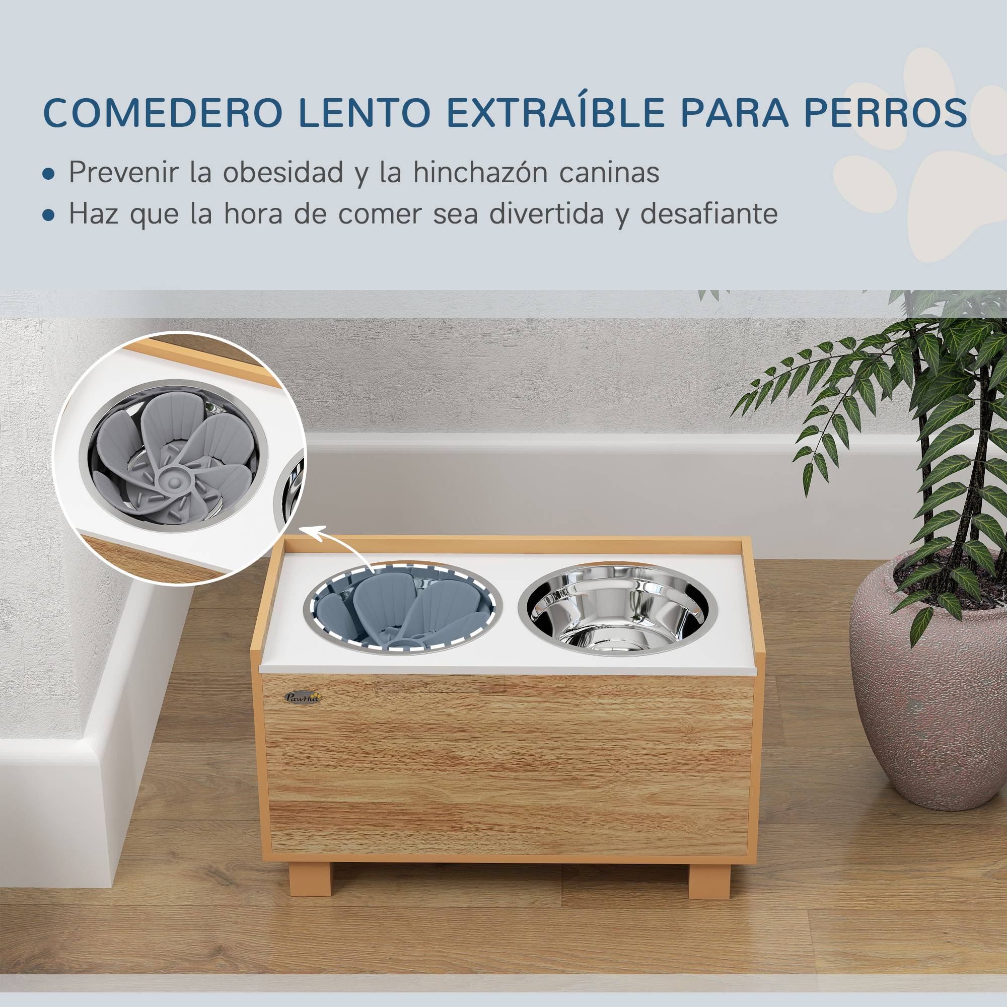 Gamelle surélevée pour chien avec distributeur de croquettes amovible, gamelle d'eau et gamelle de nourriture en acier inoxydable, finition chêne - Image 6